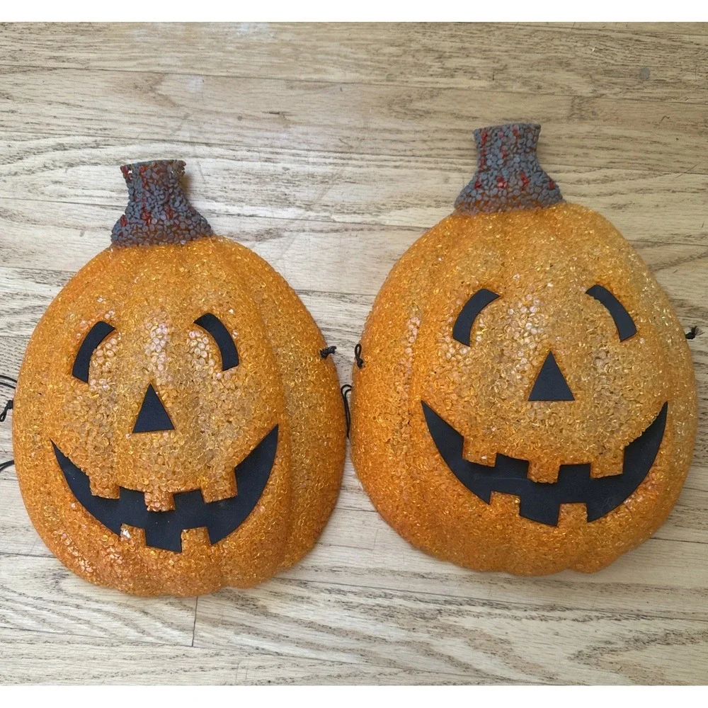 Vintage Set 2 Melted Plastic Popcorn Jack-O-Lantern Halloween Porch Light Covers
